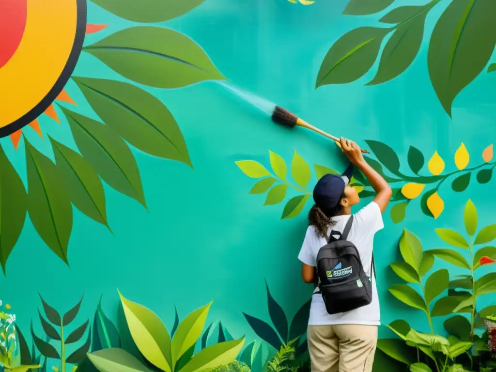 Un artista pintando un mural colorido y detallado que representa un ecosistema diverso