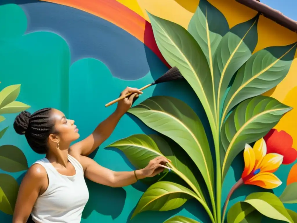 Un artista detalladamente pinta un mural vibrante inspirado en la naturaleza, mostrando la conservación creativa de ecosistemas naturales