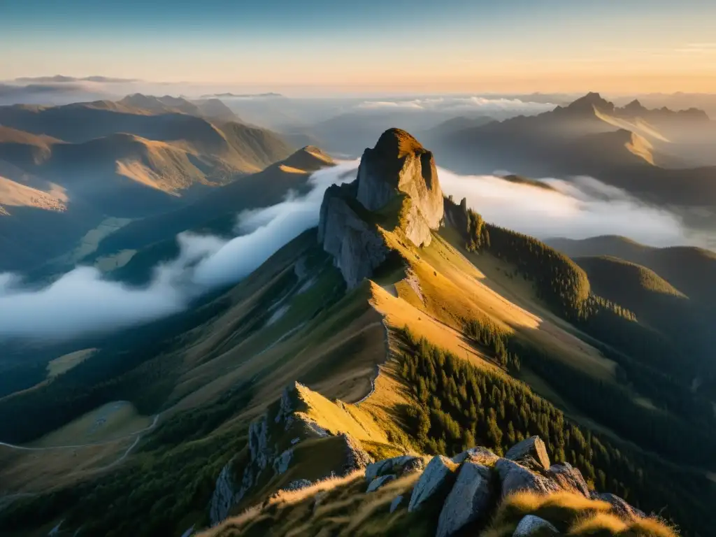 Fotografía artística en espacios naturales salvajes: Majestuosa vista panorámica de montañas envueltas en neblina al atardecer