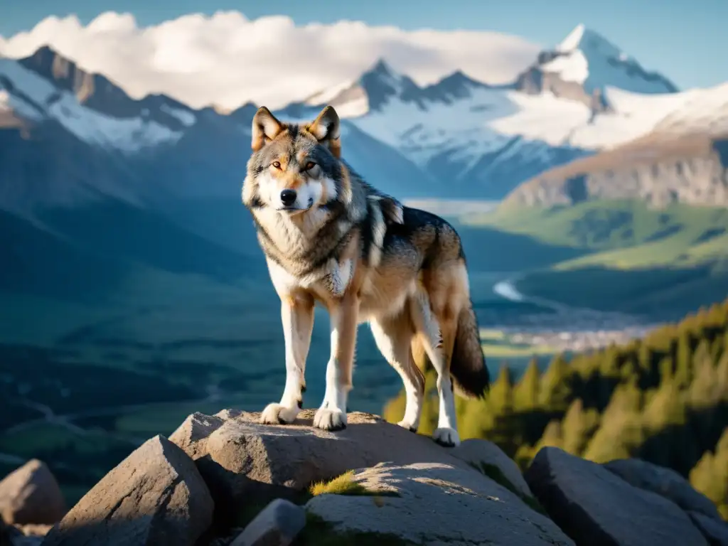 Fotografía artística en espacios naturales salvajes: Lobo solitario en la cima de una montaña nevada, con mirada penetrante