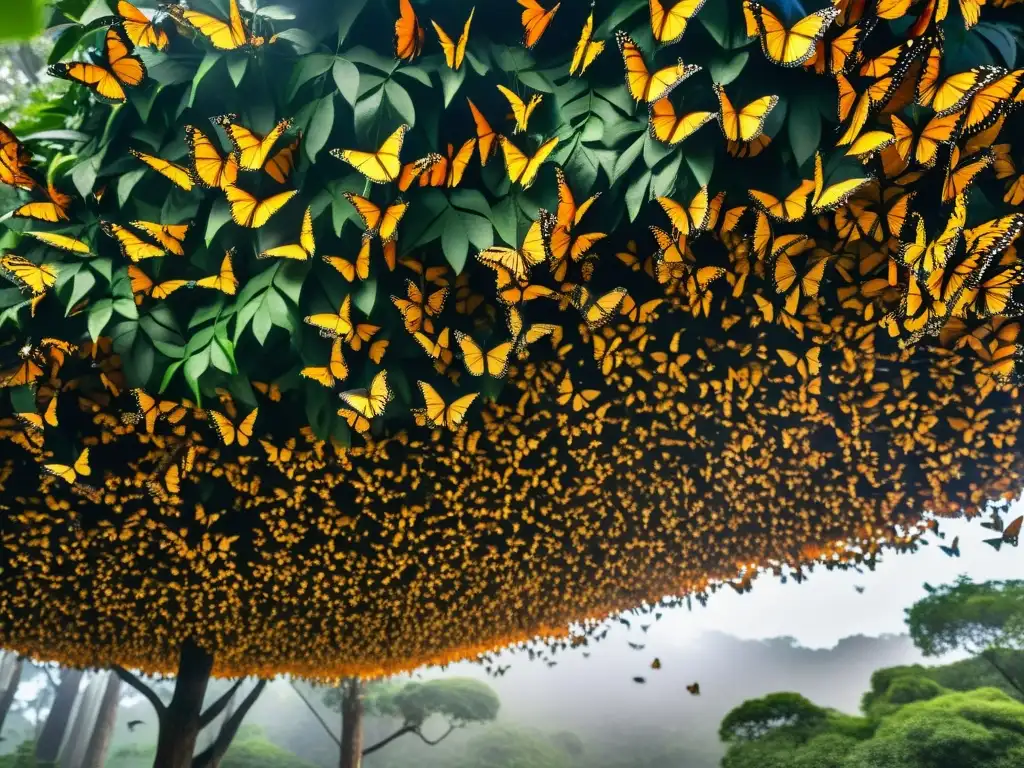 Migración asombrosa de mariposas monarca en un bosque mexicano, creando un espectáculo de colores vibrantes