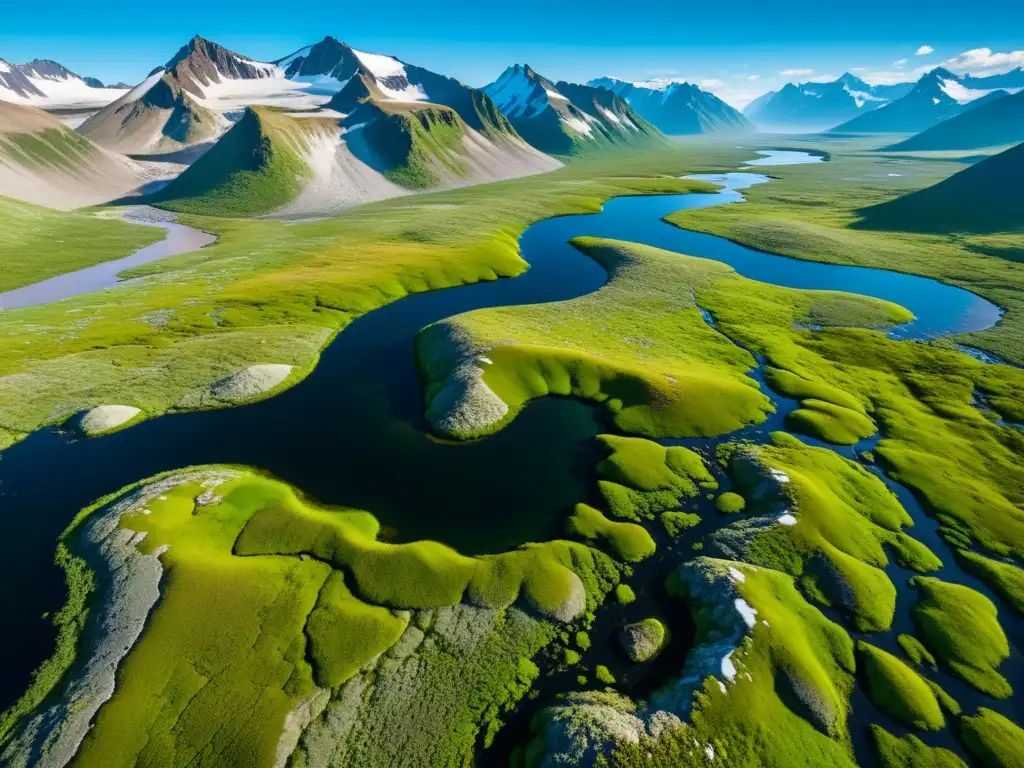 Una asombrosa observación de fauna en la tundra siberiana, con un río serpenteante y majestuosas montañas nevadas al fondo