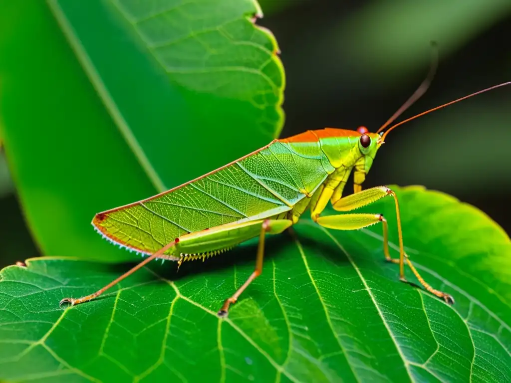 Un asombroso insecto hoja posado en una hoja verde vibrante en la selva amazónica, mostrando su adaptación al camuflaje