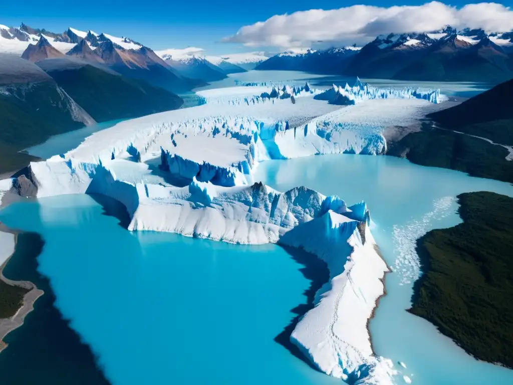 Un asombroso paisaje glacial en la Patagonia con tonos azules eléctricos y montañas circundantes