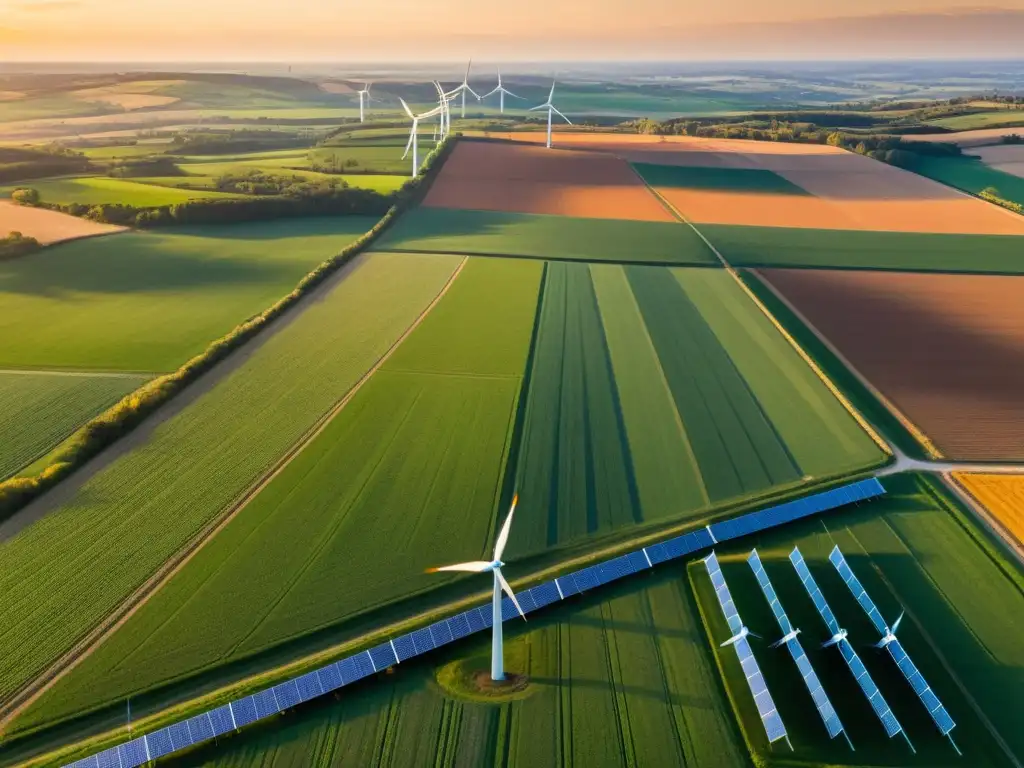 Un atardecer dorado ilumina un paisaje sereno con paneles solares y molinos eólicos, transmitiendo armonía y energía sostenible