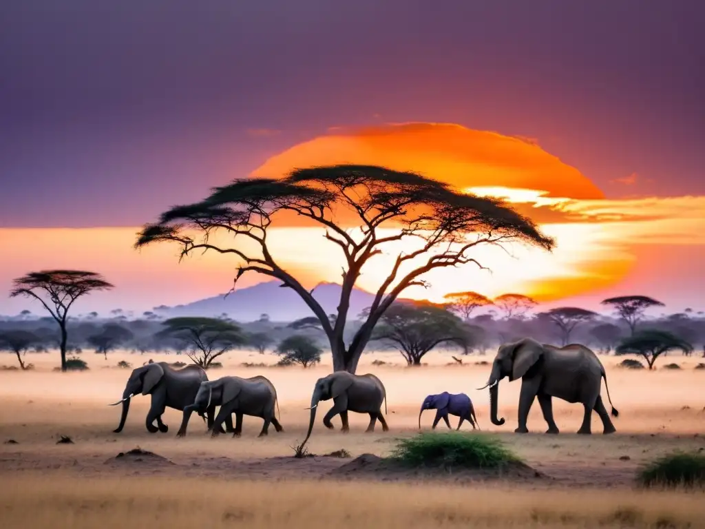 Un atardecer dorado en la sabana africana, con elefantes en silueta