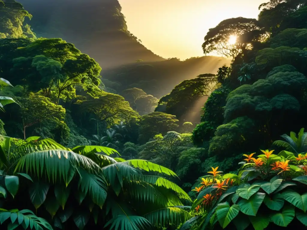 Un atardecer dorado ilumina la selva, donde los sonidos de la selva al anochecer cobran vida entre la exuberante vegetación