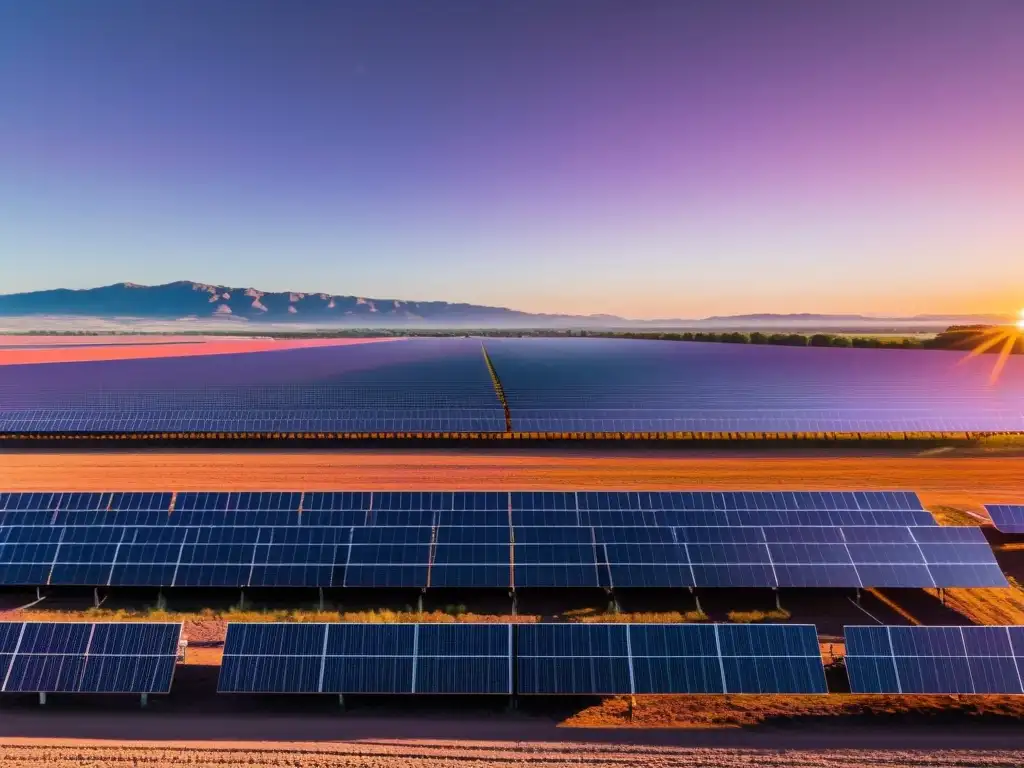 Atardecer en granja solar con paneles fotovoltaicos, red eléctrica y cielo vibrante