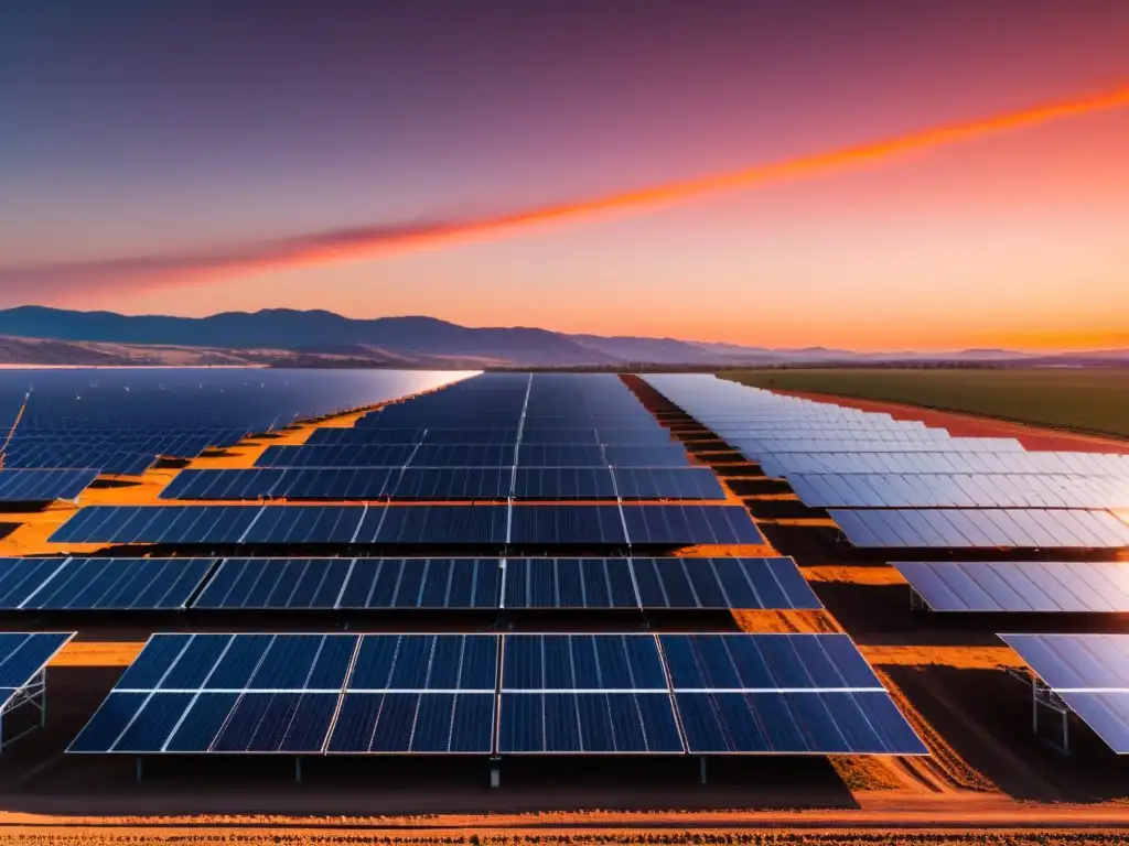 Un atardecer en una granja solar, con paneles solares creando sombras largas