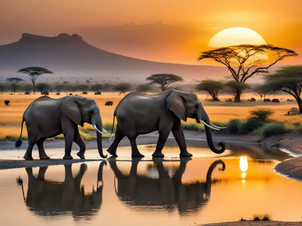 Un atardecer impresionante sobre la sabana africana, con elefantes en un abrevadero