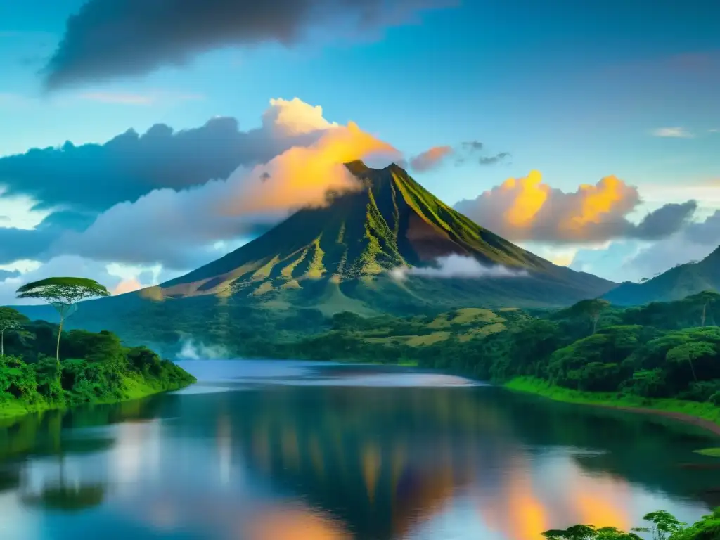 Un atardecer impresionante con el Volcán Arenal y la exuberante vegetación del Parque Nacional en Costa Rica