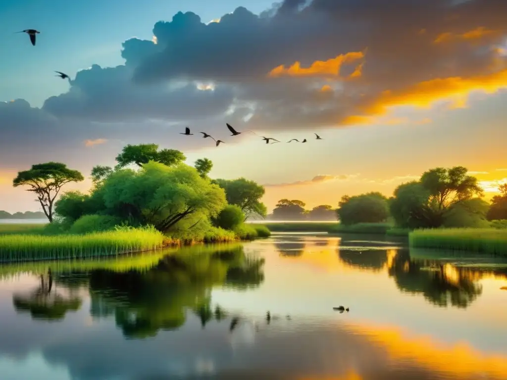 Un atardecer tranquilo en el humedal, con aves y vegetación exuberante