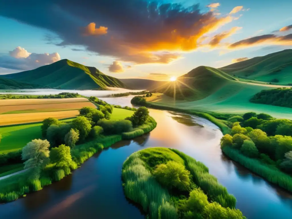 Un atardecer vibrante sobre un paisaje exuberante, con nubes vaporosas y luz dorada