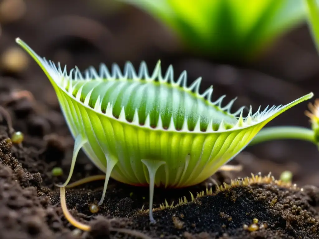 Una Venus atrapamoscas con sus cílias dentadas, brillando al sol en su hábitat natural