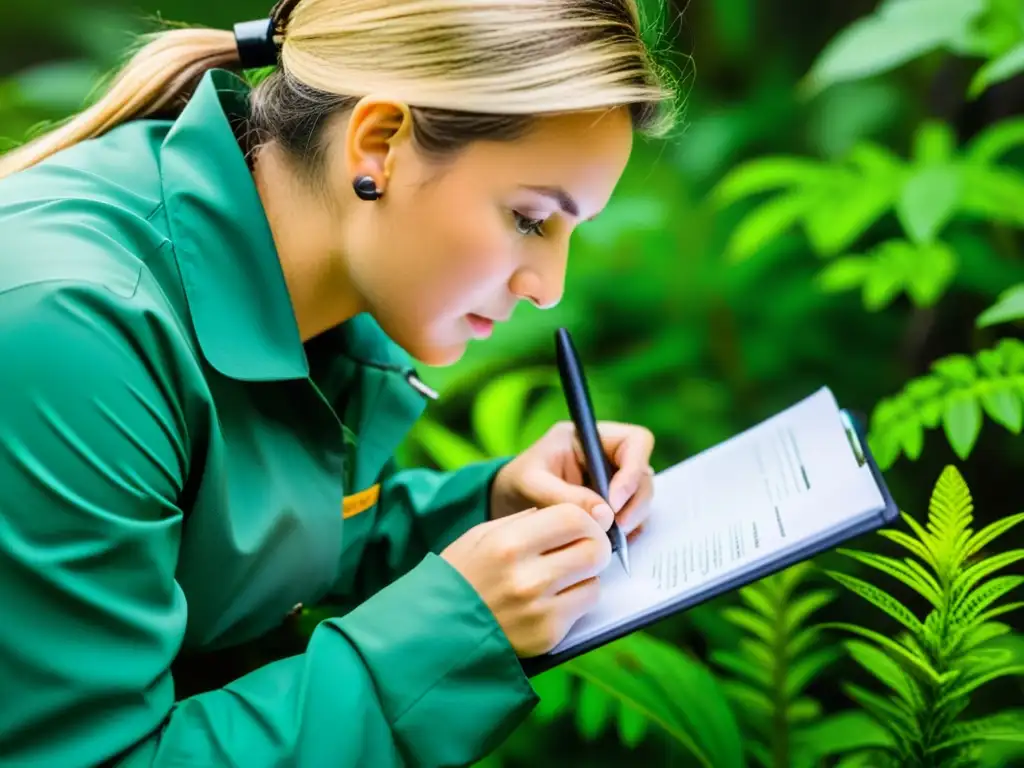 Un auditor ambiental examina detalladamente la diversidad de flora y fauna en un ecosistema exuberante, resaltando la importancia de las certificaciones auditor ambiental ecosistemas