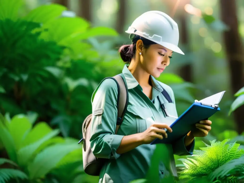 Un auditor examina minuciosamente un exuberante ecosistema, documentando la biodiversidad con certificaciones auditor ambiental ecosistemas