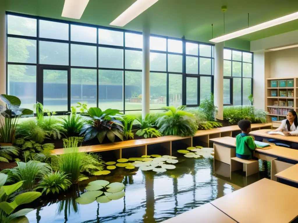 Transformación de aula en ecosistema sostenible para aprendizaje Transformación del aula en ecosistema: Estudiantes interactúan en un ambiente natural y vibrante, rodeados de plantas exuberantes y luz natural