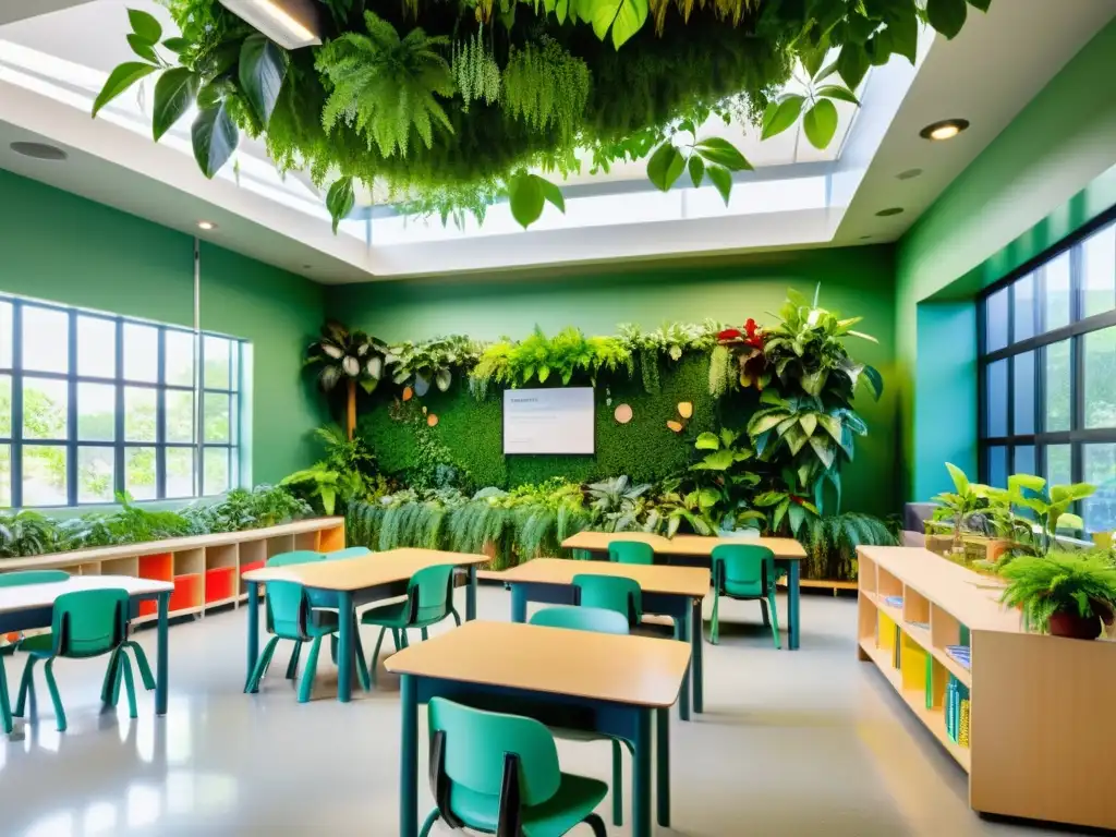 Aula ecológica: aprendizaje vibrante entre plantas y sostenibilidad Un aula transformada en ecosistema verde, con plantas, luz natural y actividades interactivas