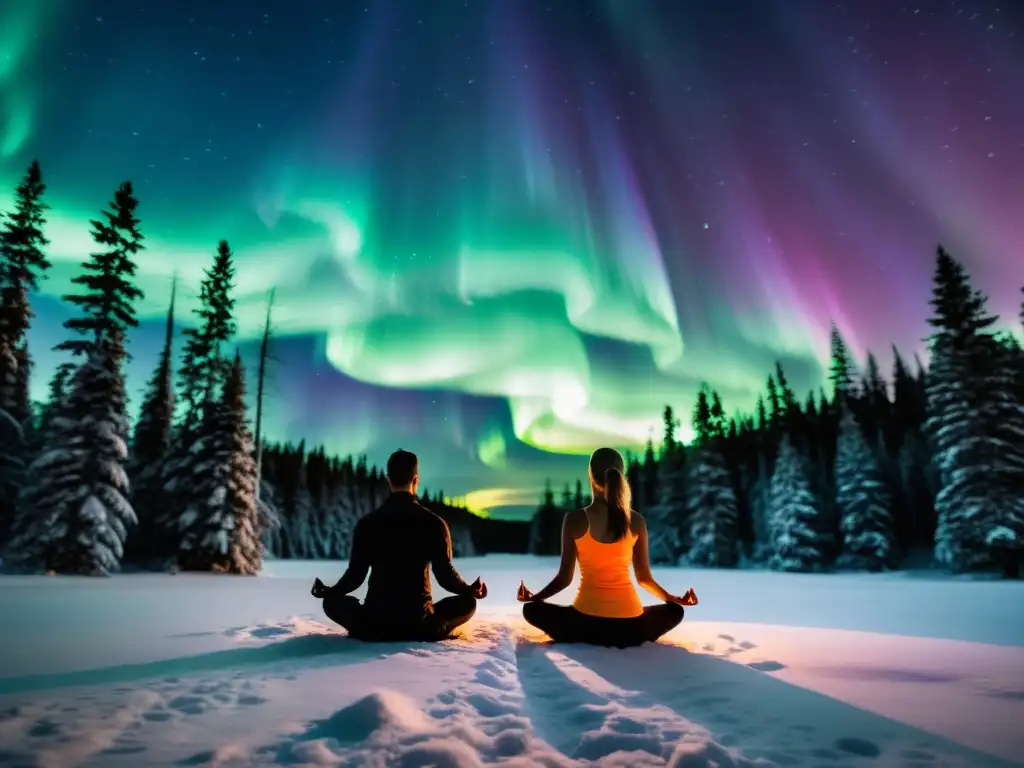 Práctica de yoga en el bosque boreal bajo la aurora boreal, transmitiendo paz y serenidad