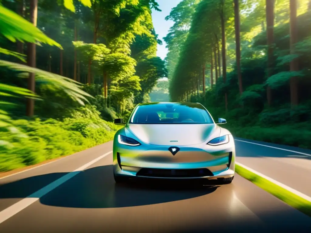 Un auto eléctrico elegante se desliza sin ruido por un bosque exuberante, mostrando la armonía entre tecnología verde y ecosistemas prósperos