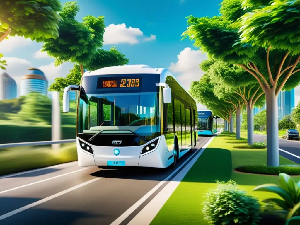 Un autobús eléctrico moderno recorre un paisaje urbano verde exuberante, destacando el transporte público verde sostenible