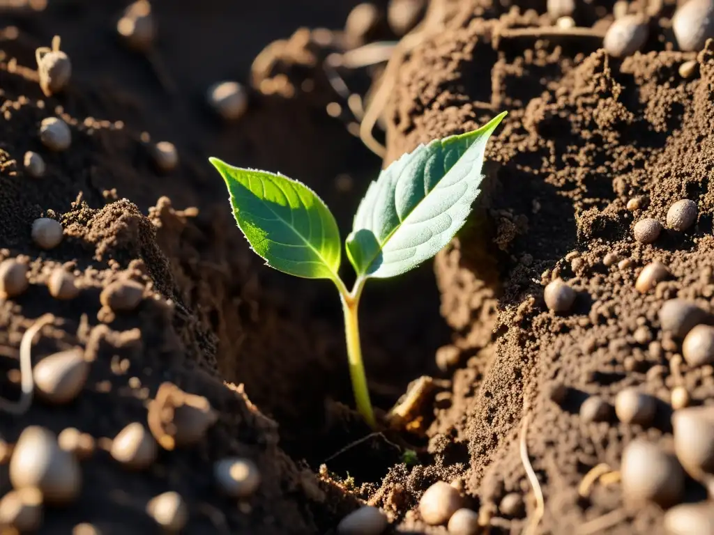 Avances en germinación controlada: la delicada semilla emerge de la tierra, desplegando sus hojas bajo la cálida luz del sol