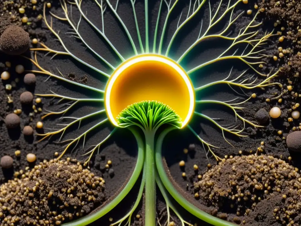 Avances en germinación controlada: semilla inteligente rodeada de suelo fértil, con tecnología y raíces emergentes