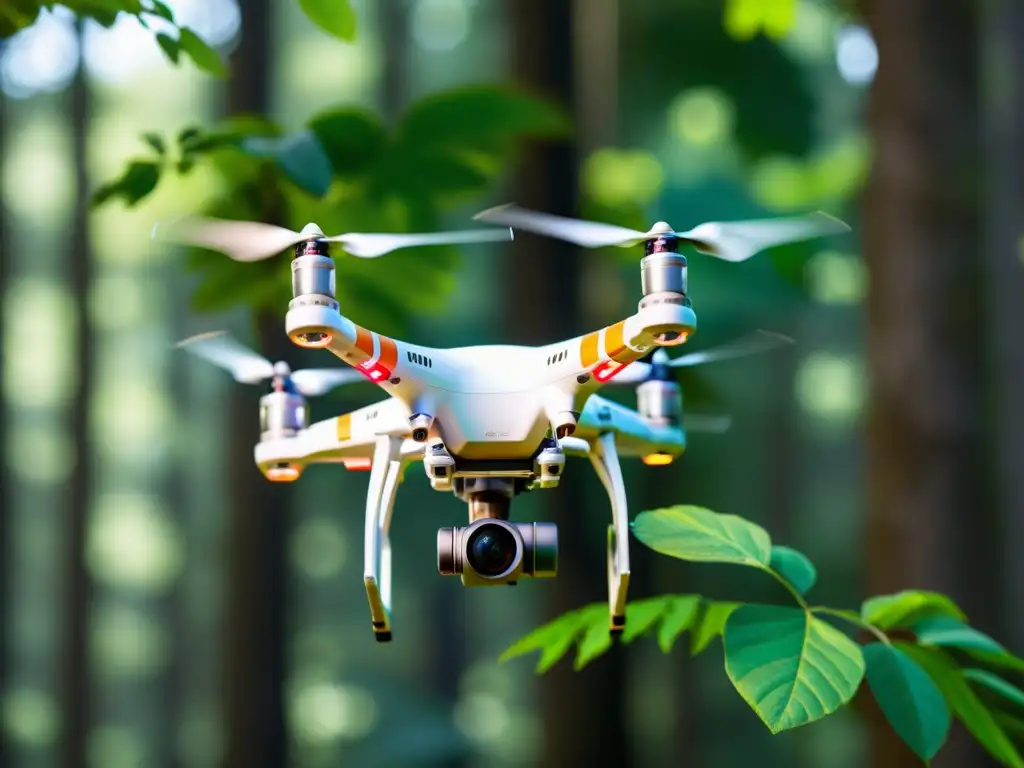 Avances tecnológicos en drones para monitoreo ecológico sobre exuberante bosque verde, mostrando alta resolución y detalle impresionante