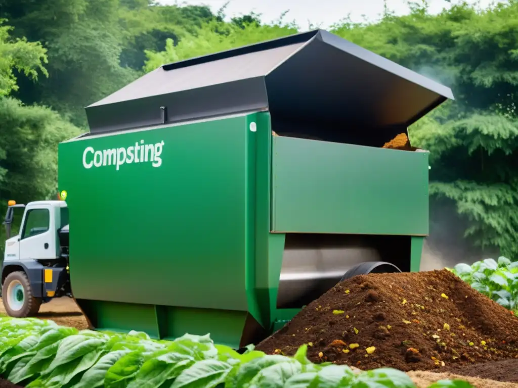 Avanzada máquina de compostaje en acción, integrando tecnologías verdes para transformar desechos orgánicos en compost rico en nutrientes