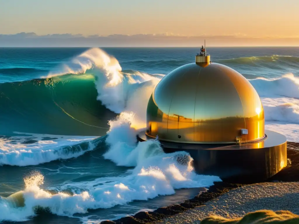 Avanzado convertidor de energía de olas capturando el poder del mar al atardecer, promoviendo la autosuficiencia energética en casas costeras