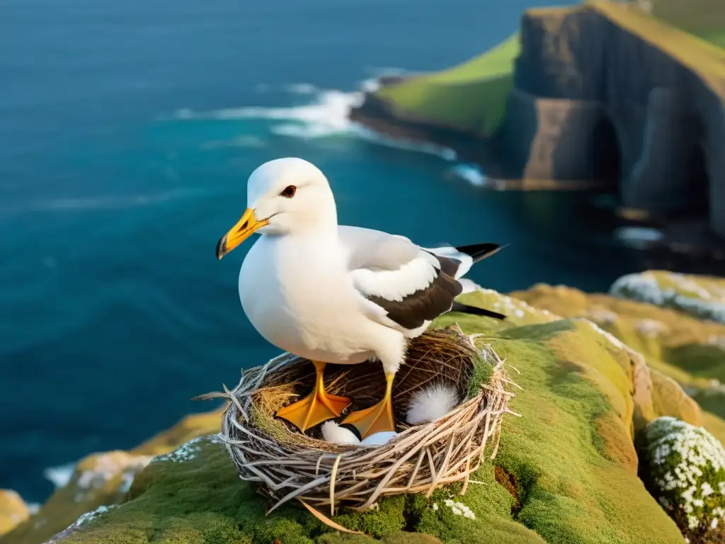 Un ave marina anidando en los acantilados escarpados de las Islas Orcadas, Escocia