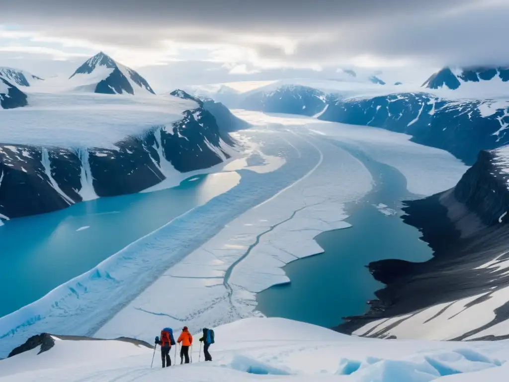 Aventura sostenible en Groenlandia: majestuoso paisaje ártico con glaciar, montañas nevadas y exploradores