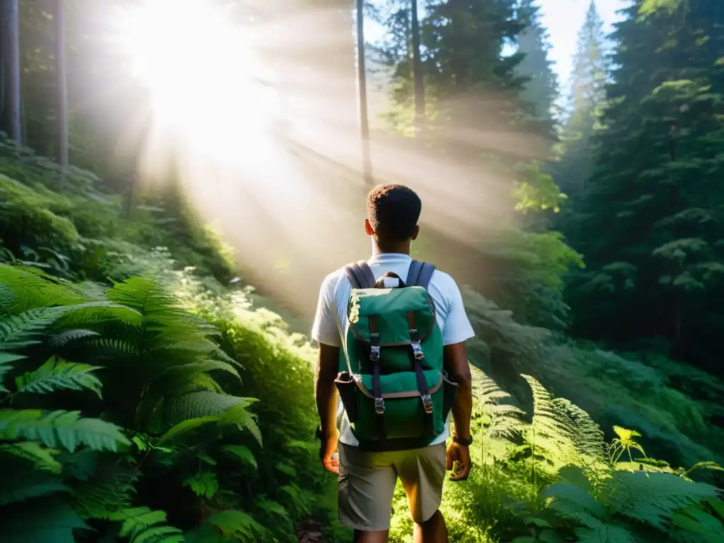 Un aventurero se para en el borde de un exuberante bosque con una mochila ecológica para exploración