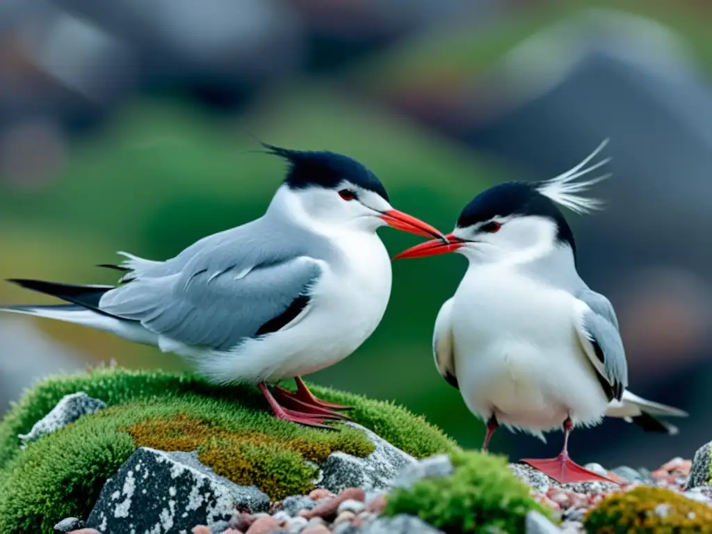 Aves del Ártico cuidando sus nidos en una remota isla, mostrando su adaptabilidad al ecosistema ártico