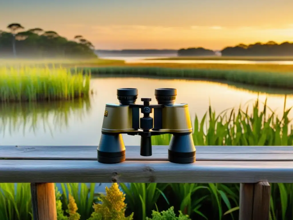 Observación de aves en humedales con binoculares: Amanecer sereno sobre aguas quietas, resaltando la belleza y tranquilidad de la naturaleza