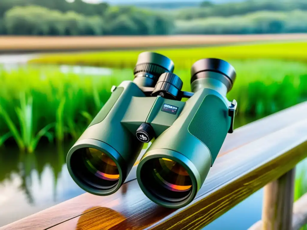 Observación de aves en humedales con binoculares: Detalle de binoculares HD sobre barandilla de madera, observando colorida vida aviar en humedal