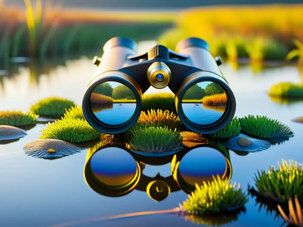 Observación de aves en humedales con binoculares: Detalles vívidos de aves coloridas y la naturaleza acuática bajo la luz dorada del sol