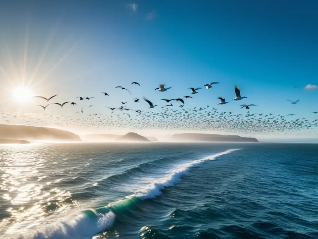 Aves marinas en vuelo sobre el vasto océano, reflejando su vital papel en el ecosistema oceánico