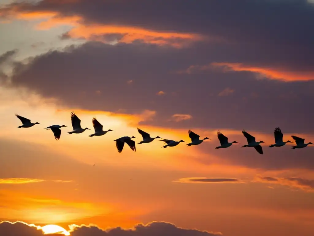 Aves migratorias en vuelo al atardecer, mostrando determinación y adaptabilidad frente a alteraciones climáticas