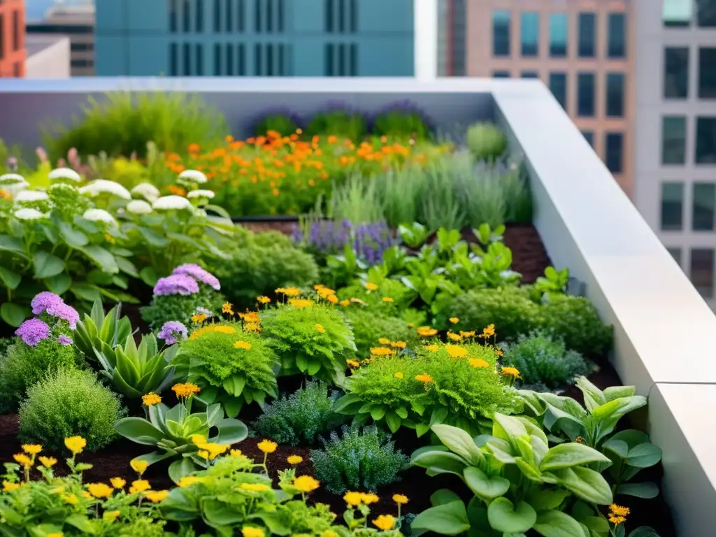 Un jardín en la azotea de un edificio urbano, muestra una variedad de plantas en colores vibrantes