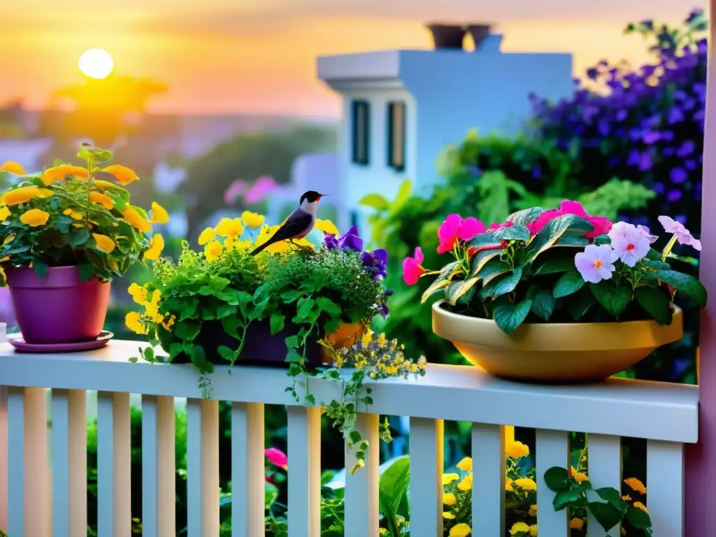 Un balcón rebosante de vida con plantas, flores y aves, creando un oasis urbano