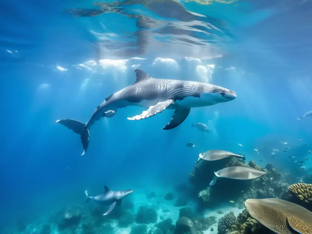 Pod de ballenas jorobadas en armonía con la vida marina en un vibrante arrecife coralino