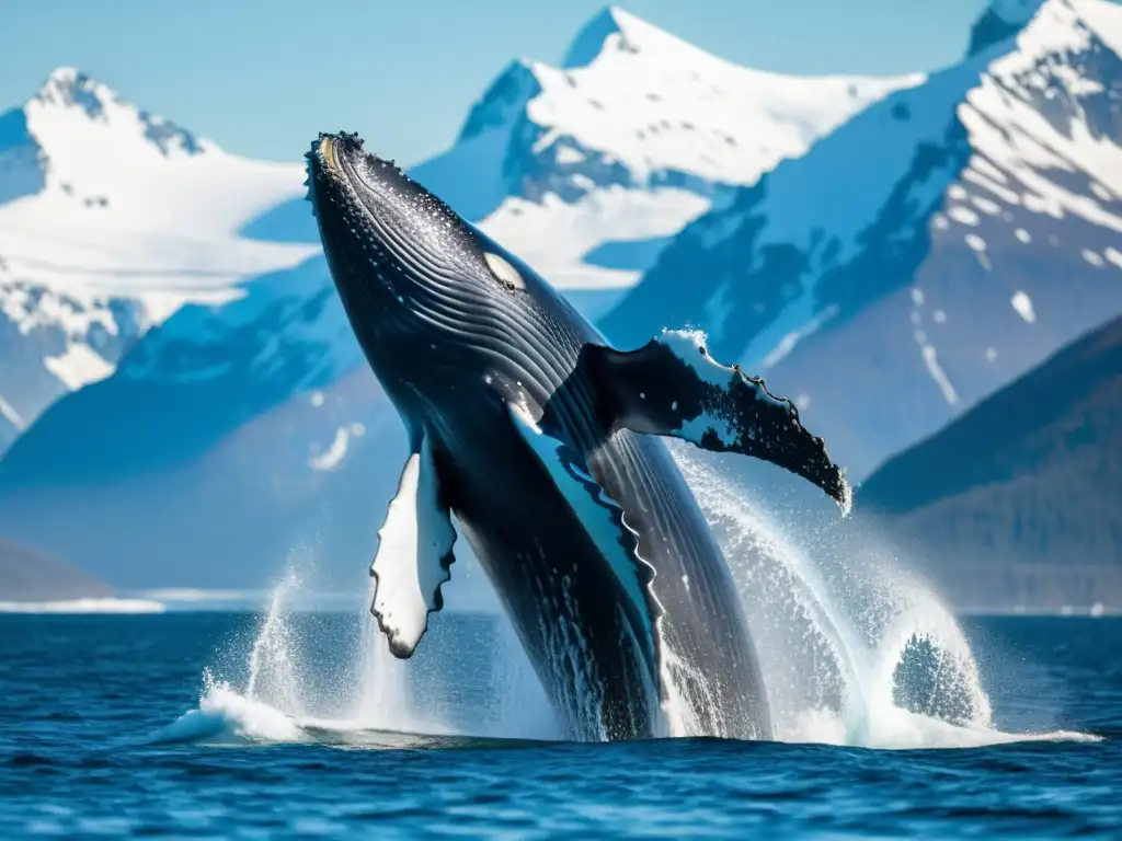 Ballenas y mamíferos marinos polares: Majestuosa ballena jorobada emerge en aguas polares, con montañas nevadas al fondo