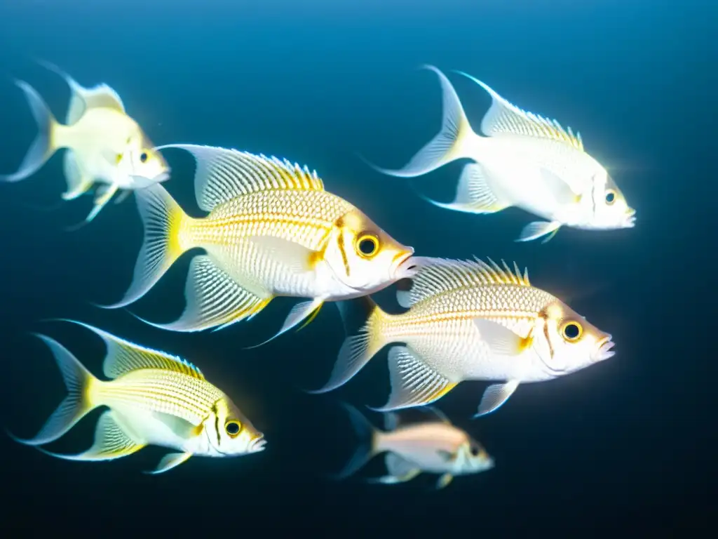 Un banco de peces linterna en la zona mesopelágica, resplandeciendo con fotóforos bioluminiscentes