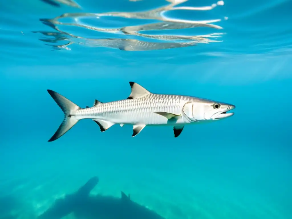 Un banco de plateadas barracudas nadando en formación en aguas turquesas cristalinas