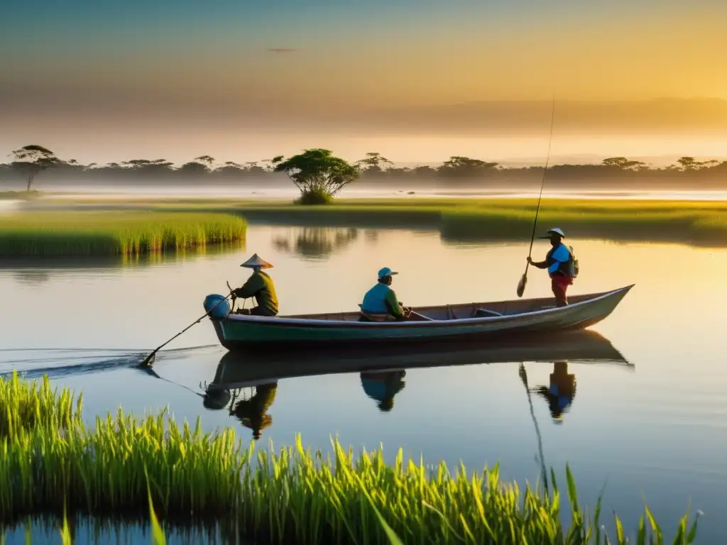 Barca de pesca tradicional en zona húmeda al amanecer, reflejando prácticas pesca sostenible y armonía con la naturaleza