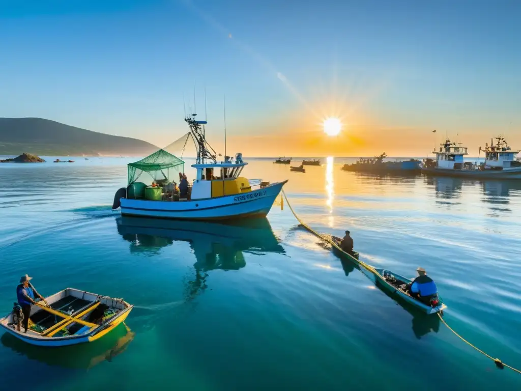 Un barco pesquero sostenible con pescadores y mariscos responsables sello orgánico en aguas cristalinas bajo el sol dorado