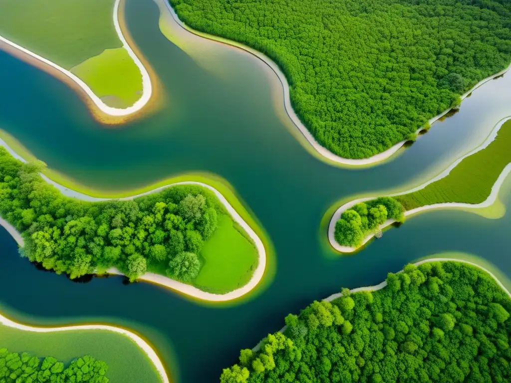 Barreras naturales humedales desastres: Fotografía aérea de humedal exuberante y expansivo, con diversa vegetación y redes de agua