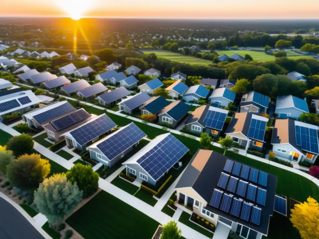 Hermoso vecindario residencial con paneles solares al atardecer Barrio residencial moderno con paneles solares en los techos, bañado por la cálida luz del atardecer