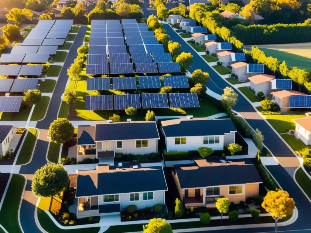 Vecindario solar: Integración perfecta de energía renovable en la urbe Barrio residencial con paneles solares brillando en los techos al atardecer, mostrando el impacto de las energías renovables en el valor inmobiliario